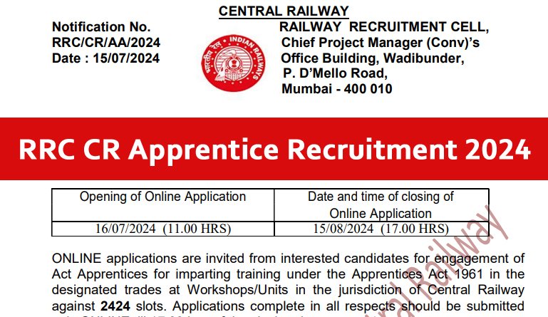 RRC CR Apprentices Recruitment 2024